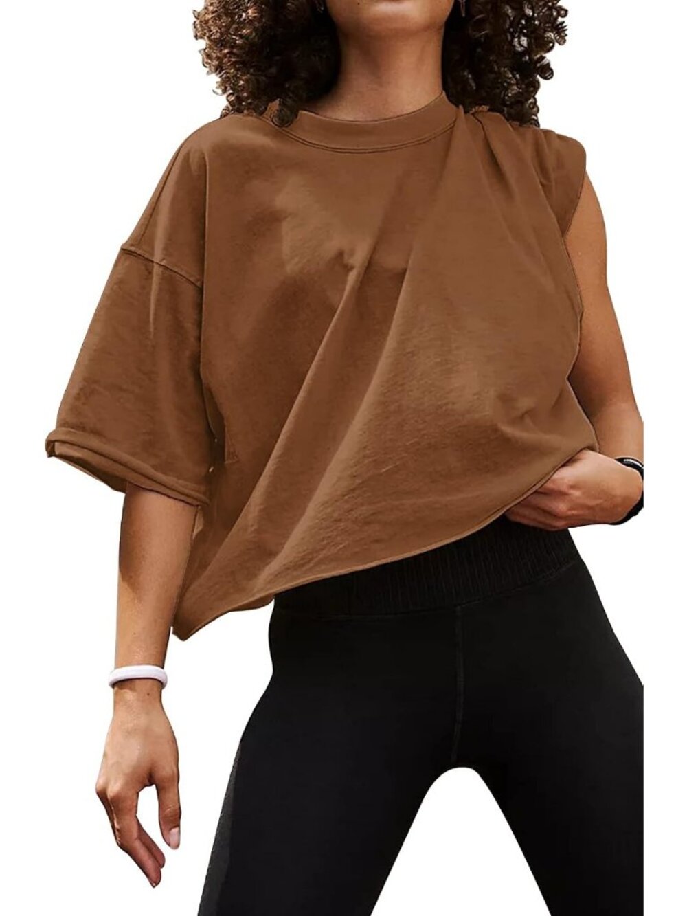 Women's Brown Crew Neck Short Sleeve Crop Tops Casual Pull On Basic Tees Shirts